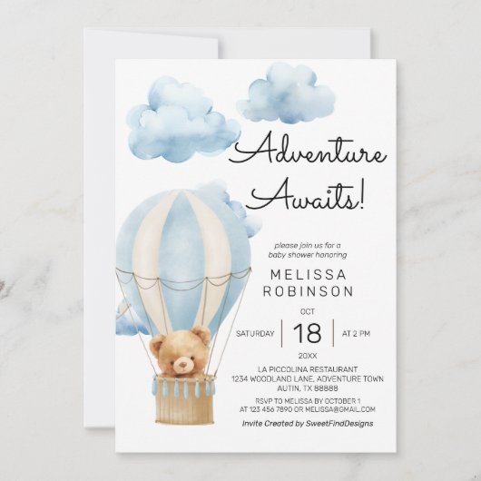 Avontuur wacht teddybeer baby boy douche kaart (Voorkant)