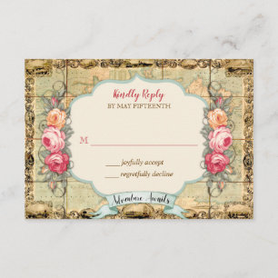 Avontuur Wacht Vintage Wereldkaart Rozen RSVP Kaartje