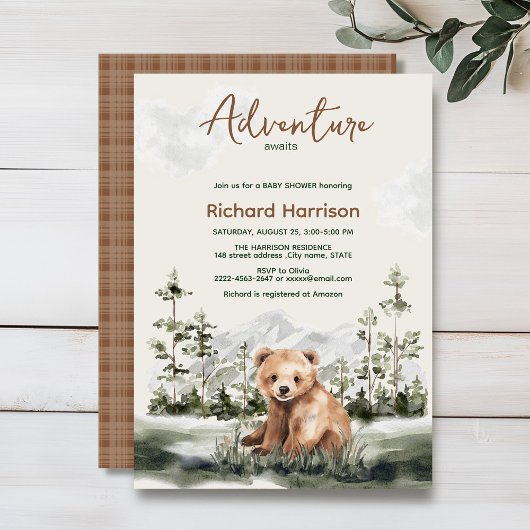 Avontuur wacht waterverf bos beer baby shower kaart