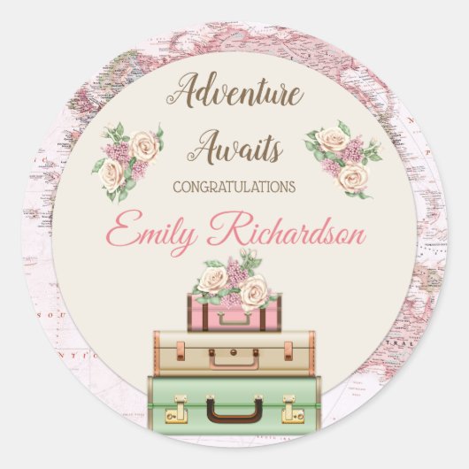 Avontuur wacht Wereld Reis Kaart Roze Bloemen Ronde Sticker (Voorkant)