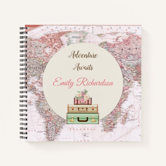 Avontuur wacht Wereld Reis Kaart Roze Ivoorrozen Notitieboek (Voorkant)