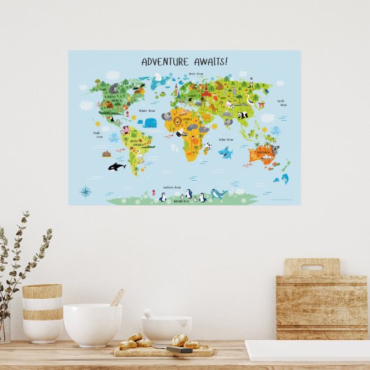Avontuur Wacht Wereldkaart voor Kinderen Poster (Keuken)