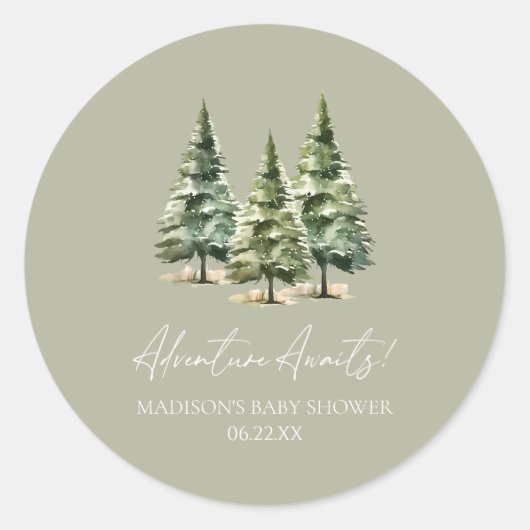 Avontuur wacht! winterpijnbomen-Baby shower Ronde Sticker (Voorkant)