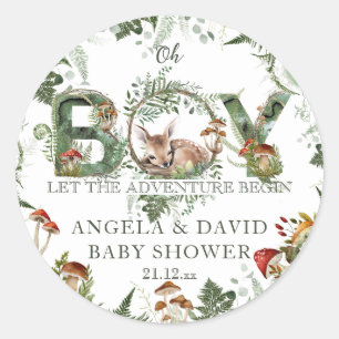 Avontuur Woodland Mushroom Fern Baby Jongen Douche Ronde Sticker