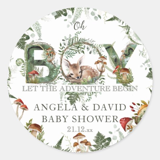 Avontuur Woodland Mushroom Fern Baby Jongen Douche Ronde Sticker (Voorkant)