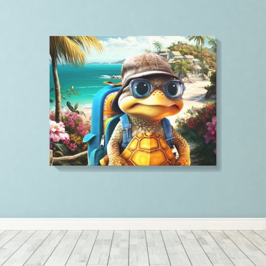 Avontuurlijk Leuke Kleine Schildpad met Rugzak, Canvas Afdruk (Insitu (Houten vloer))
