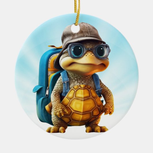 Avontuurlijk Leuke Kleine Schildpad met Rugzak, Ce Keramisch Ornament (Voorkant)