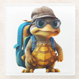 Avontuurlijk Leuke Kleine Schildpad met Rugzak, Glazen Onderzetter