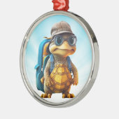 Avontuurlijk Leuke Kleine Schildpad met Rugzak, Metalen Ornament (Links)