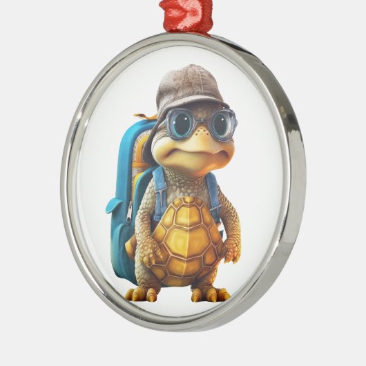 Avontuurlijk Leuke Kleine Schildpad met Rugzak, Metalen Ornament (Links)