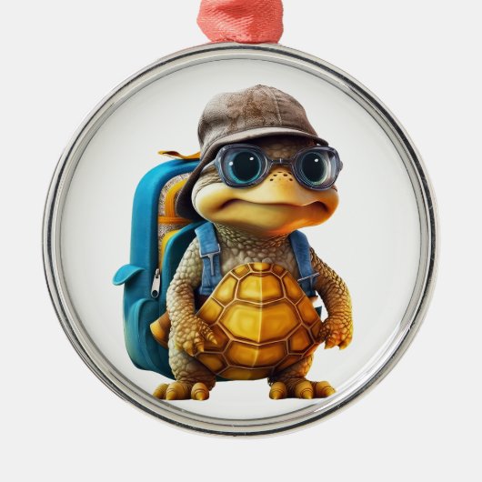 Avontuurlijk Leuke Kleine Schildpad met Rugzak, Metalen Ornament (Voorkant)