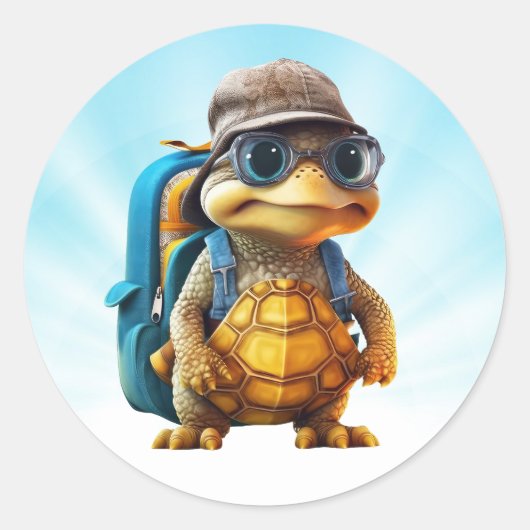 Avontuurlijk Leuke Kleine Schildpad met Rugzak, Ronde Sticker (Voorkant)