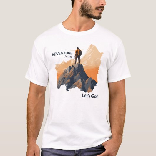 Avontuurlijk wandelen, avontuur wacht, laten we ga t-shirt (Voorkant)