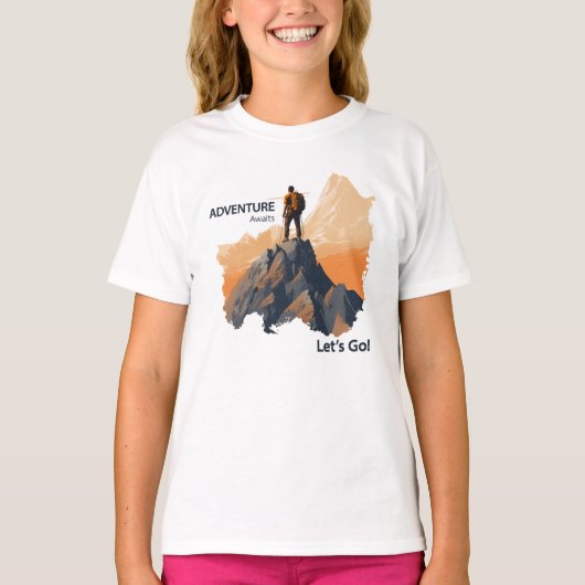 Avontuurlijk wandelen, avontuur wacht, laten we ga t-shirt (Voorkant)