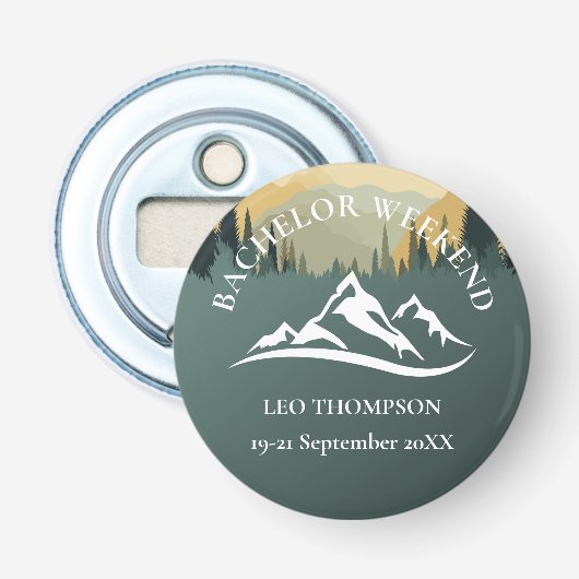 Avontuurlijke Berg Bruiloft Weekend Button Flesopener (Voorkant)