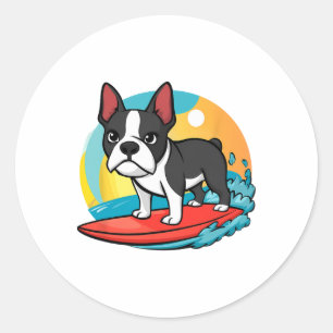Avontuurlijke Boston Terrier Hond Surft Grappige S Ronde Sticker