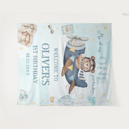 Avontuurlijke Cute Beer Blauwe Vliegtuig Jongen 1e Wandkleed (Voorkant (horizontaal))