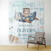 Avontuurlijke Cute Beer Blauwe Vliegtuig Jongen 1e Wandkleed (In situ)