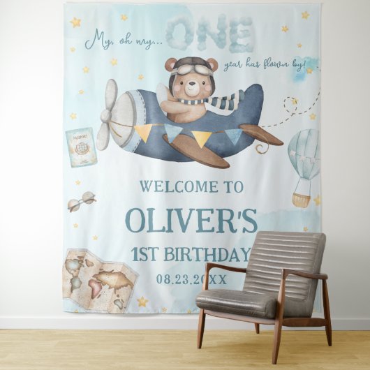 Avontuurlijke Cute Beer Blauwe Vliegtuig Jongen 1e Wandkleed (In situ)