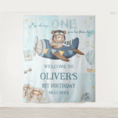 Avontuurlijke Cute Beer Blauwe Vliegtuig Jongen 1e Wandkleed (Voorkant)