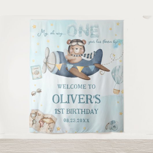 Avontuurlijke Cute Beer Blauwe Vliegtuig Jongen 1e Wandkleed (Voorkant)