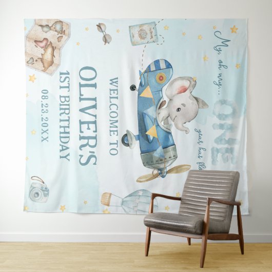 Avontuurlijke Cute Olifant Blauwe Vliegtuig 1e Ver Wandkleed (In Situ (horizontaal))