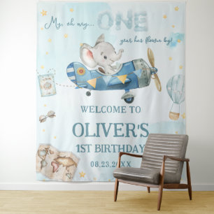 Avontuurlijke Cute Olifant Blauwe Vliegtuig 1e Ver Wandkleed