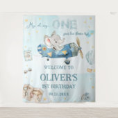 Avontuurlijke Cute Olifant Blauwe Vliegtuig 1e Ver Wandkleed (Voorkant)