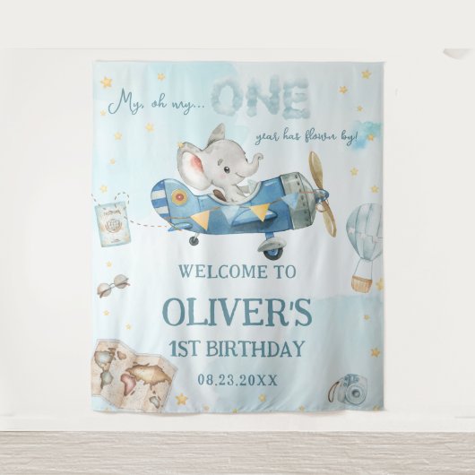 Avontuurlijke Cute Olifant Blauwe Vliegtuig 1e Ver Wandkleed (Voorkant)