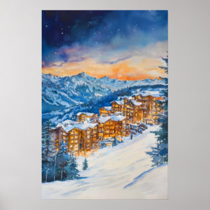 Avoriaz Watercolor Vintage Reisposter Skiën Poster