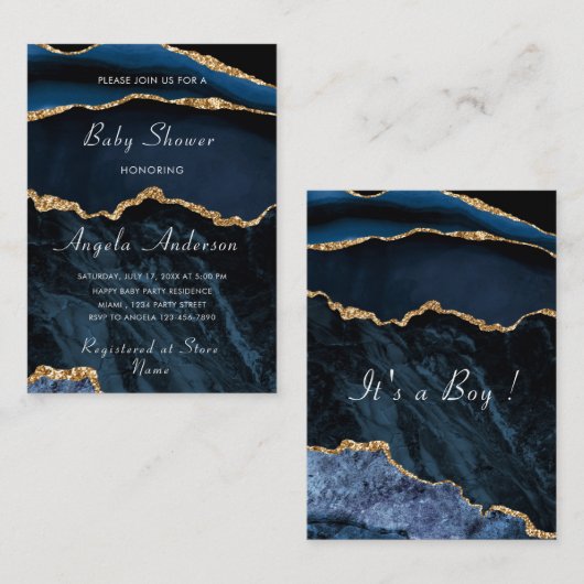 avy Blue Gold Baby shower Invitation Sjabloon (Voorkant / Achterkant)