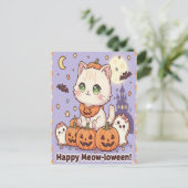 awaii Cat in Pumpkin Costume Halloween Card Briefkaart (Staand voorkant)
