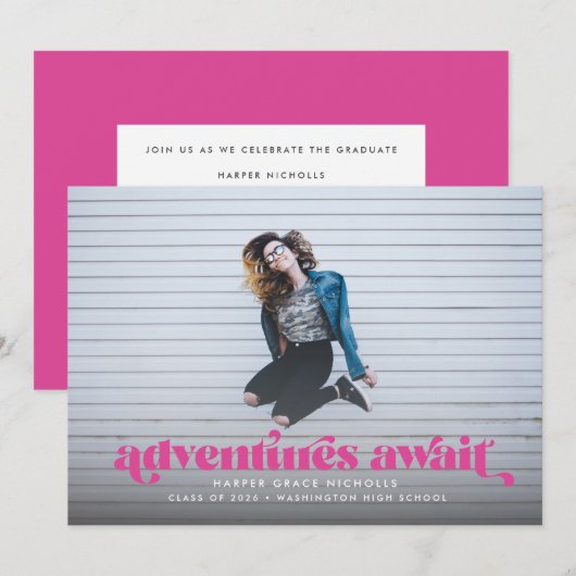 Await (Hot Pink) Afstuderen Invitation Kaart (Voorkant / Achterkant)