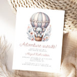 Awaits Koala Beer Balloon Baby shower Briefkaart<br><div class="desc">Dit leuke baby showers briefkaart heeft een lieve waterverf koala in een grijs en roze gestreepte heteluchtballon,  boven de woorden "Adventure wacht!" in retro script. Personaliseer de tekst met de naam van de aanstaande moeder in het script en de details in het schreefloze lettertype.</div>