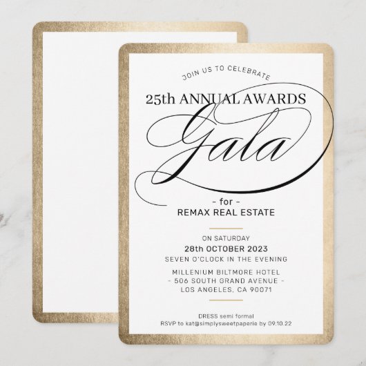 AWARDS GALA DINNER elegant business gold black Kaart (Voorkant / Achterkant)