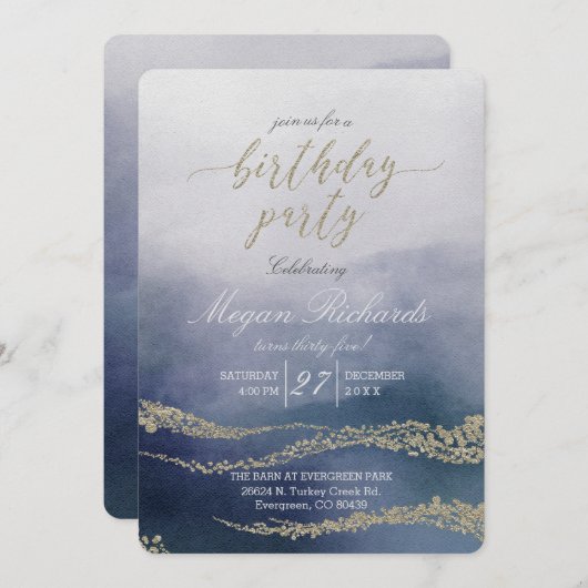 Awash Elegant Waterverf Birthday Party Invitation Kaart (Voorkant / Achterkant)
