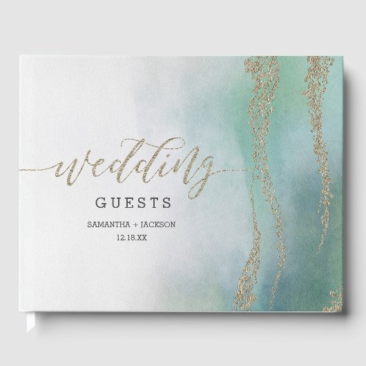Awash Elegant Waterverf in Ocean Wedding Monogram Gastenboek (Voorkant)