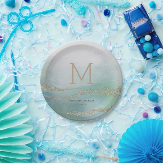 Awash Elegant Waterverf in Ocean Wedding Monogram Papieren Bordje (Feest)