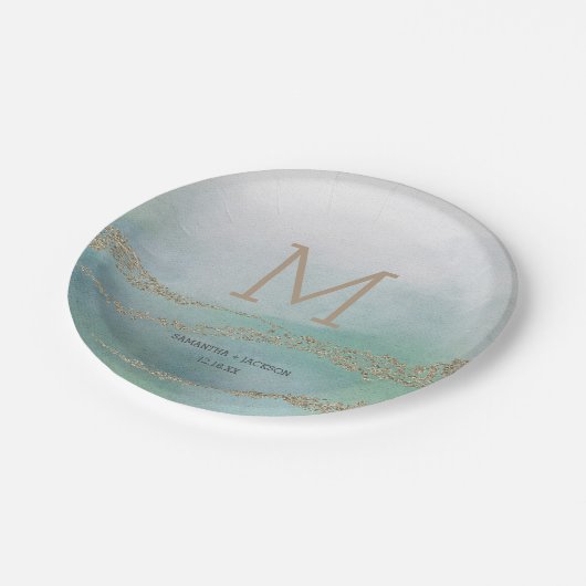 Awash Elegant Waterverf in Ocean Wedding Monogram Papieren Bordje (Gekanteld)