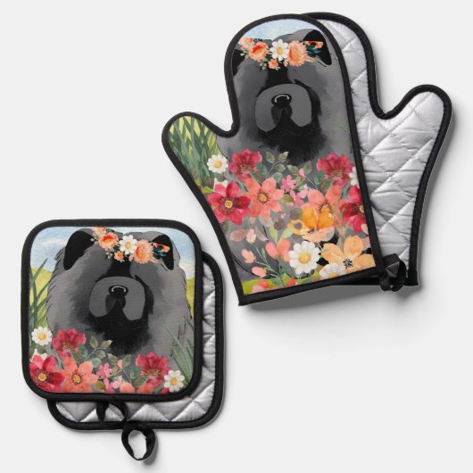 AWASH IN LIGHT Black - Blauwe Chow Hondenshirts Ovenwant & Pannenlap Set (Voorkant / Achterkant)