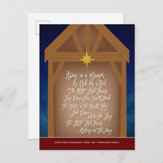 Away in a Manger Verse Script Typografie Stable Feestdagenkaart (Voorkant / Achterkant)