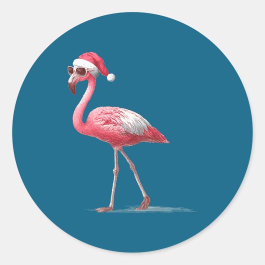 Awesome Cool Flamingo With Christmas Hat And Sungl Ronde Sticker (Voorkant)