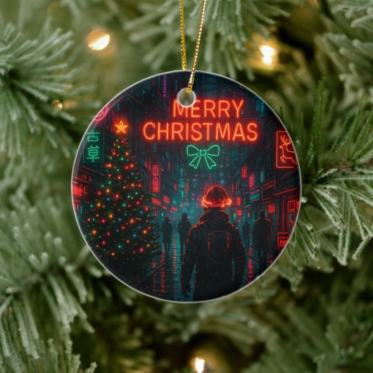 Awesome cyberpunk Christmas street Keramisch Ornament (Boom)