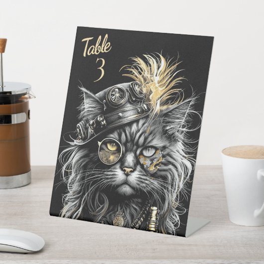 Awesome Steampunk Cat Table Number Reclamebord Met Voetstuk (Insitu)
