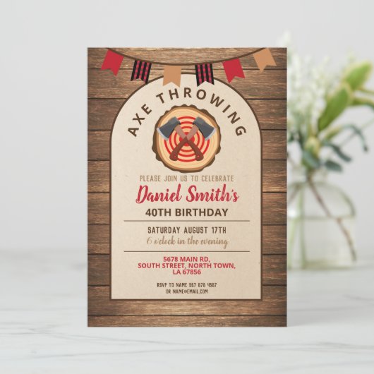 Ax Throwing Birthday Lumberjack Fun Wood Invite Kaart (Staand voorkant)