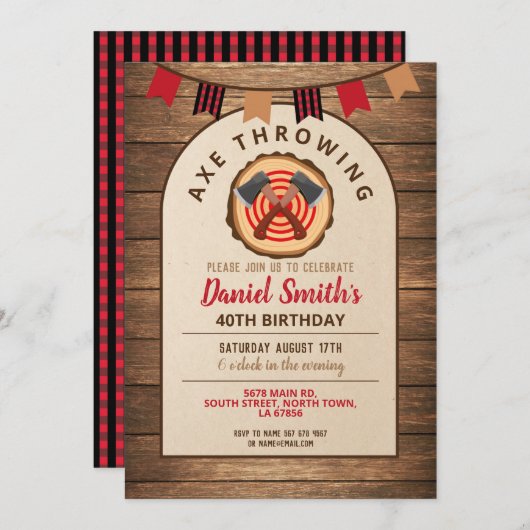 Ax Throwing Birthday Lumberjack Fun Wood Invite Kaart (Voorkant / Achterkant)