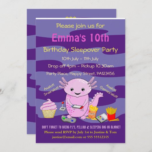 Axalotl Sleepover Party Invitation Kaart (Voorkant / Achterkant)