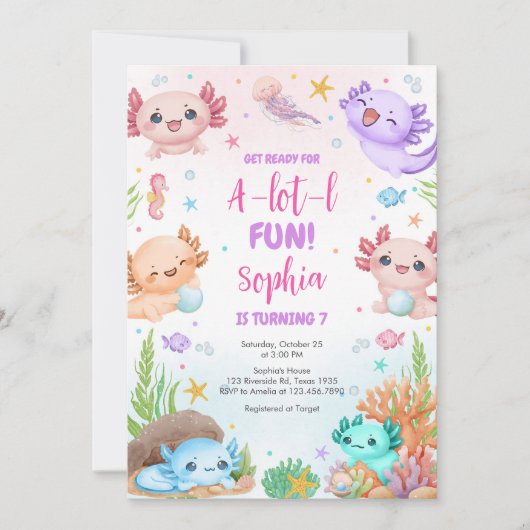 Axolotl Alotl Fun Birthday Party Invitation Kaart (Voorkant)