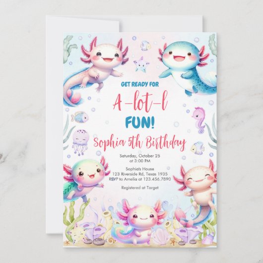 Axolotl Alotl Fun Birthday Party Invitation Kaart (Voorkant)