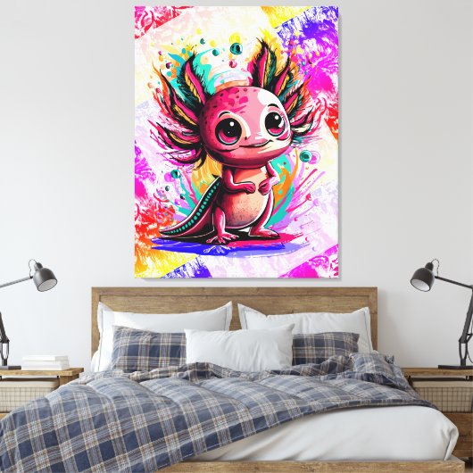 Axolotl Amphibian - Kleurrijke Schattigee Axolotl Canvas Afdruk (Insitu (Slaapkamer))
